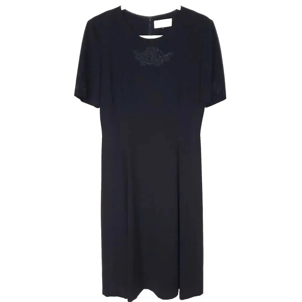Hiromi Yoshida Midi Dress Size 11(Medium) Black Formal Embroidered Short Sleeves